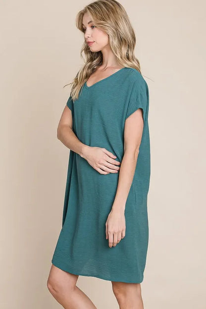 V-Neck Short Sleeve Dress with Pockets - Teal - product view 3