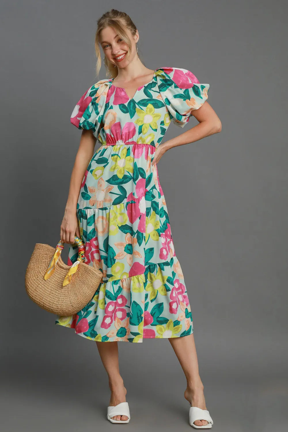 Full Size Tiered Floral Print Notched Puff Sleeve Midi Dress Plus Size - Mintmix - product view 1