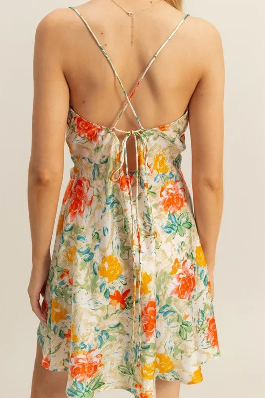 Floral Cowl Neck Flirty Satin Mini Dress - Apple Green - product view 6