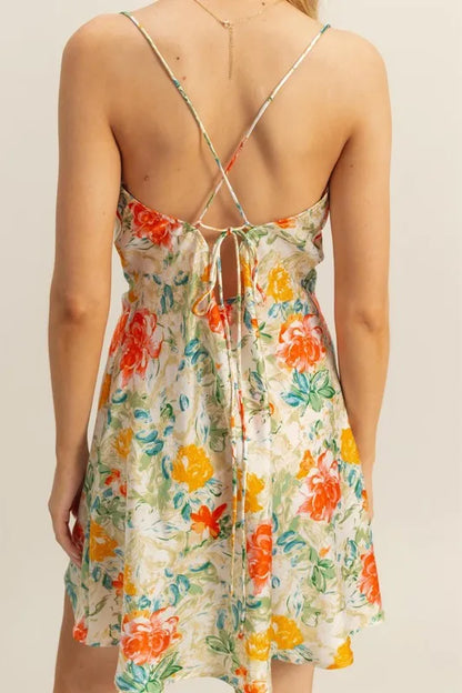 Floral Cowl Neck Flirty Satin Mini Dress - Apple Green - product view 6