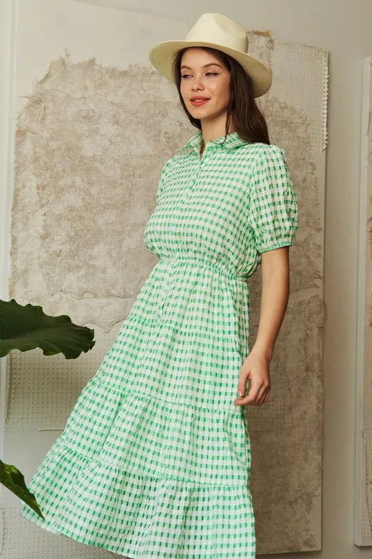 Checkered Puff Sleeve Tiered Shirt Dress in Green - product view 6