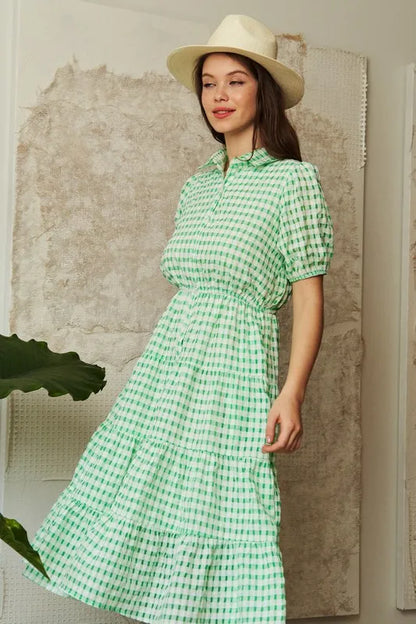 Checkered Puff Sleeve Tiered Shirt Dress in Green - product view 6