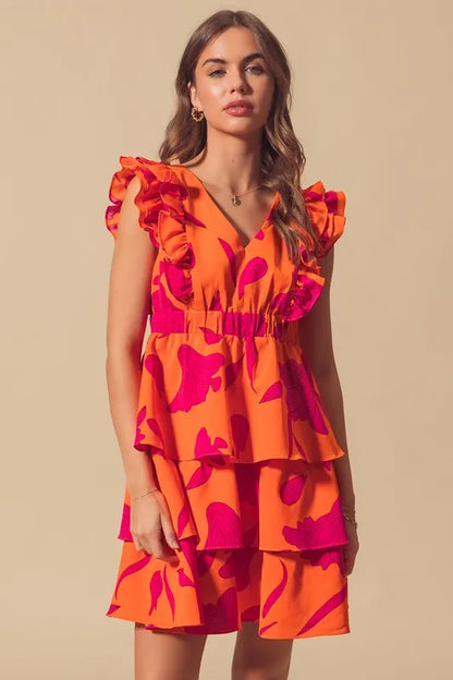 Floral V Neck Layered Dress with Elasticized Waist in Orange/Fuchsia - product view 13
