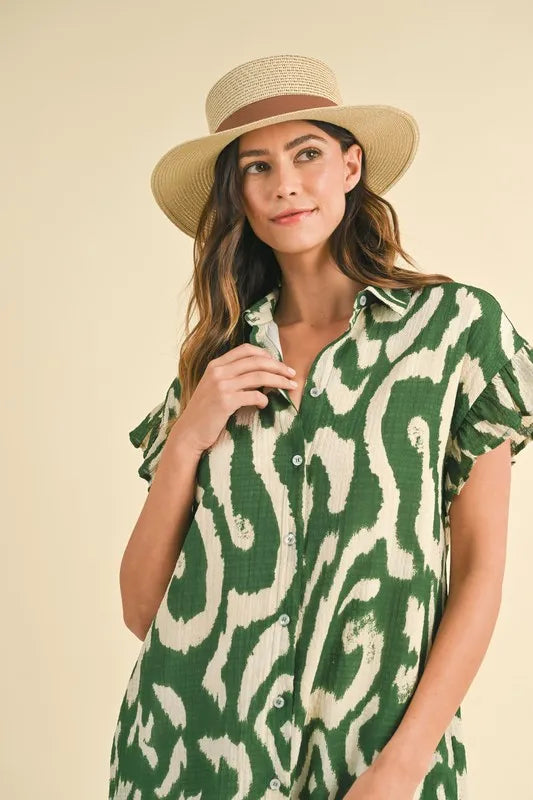 Abstract Printed Frill Sleeve Shirt Mini Dress in Green - product view 4