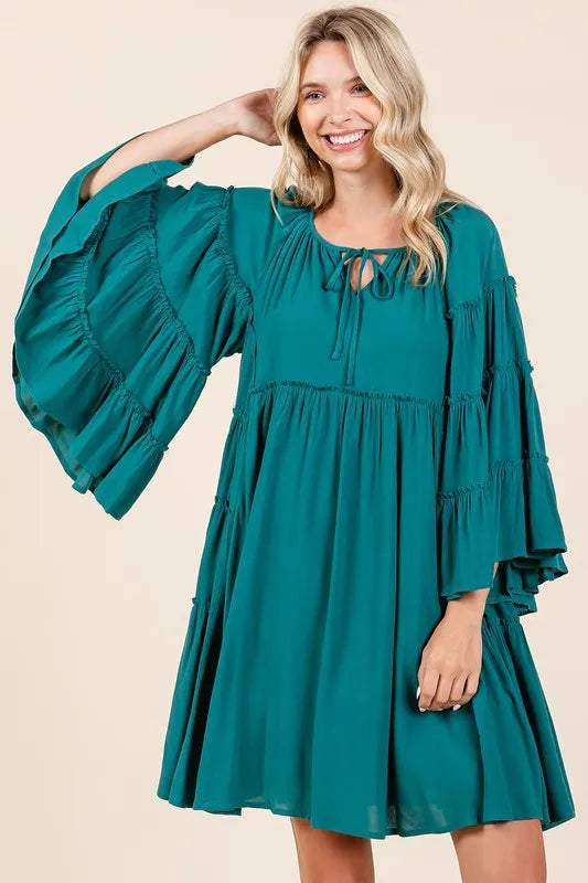 Frill Tie Neck Bell Sleeve Dress - Teal Green - product view 3