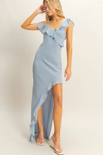 Chiffon Ruffle Trim Midi Dress - Dusty Blue - product view 5