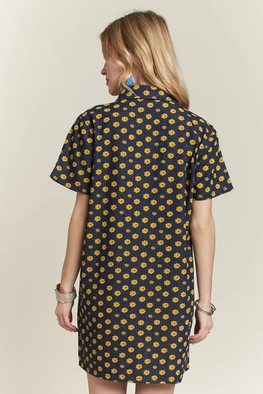 Floral Button-Up Mini Denim Dress in Dark - product view 4