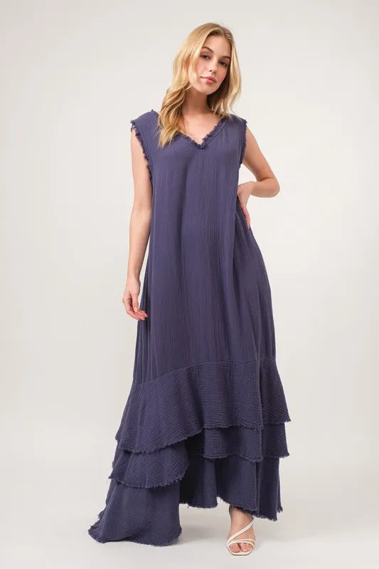 Washed Cotton Gauze Fringe Detail Tiered Dress - Navy - product view 4