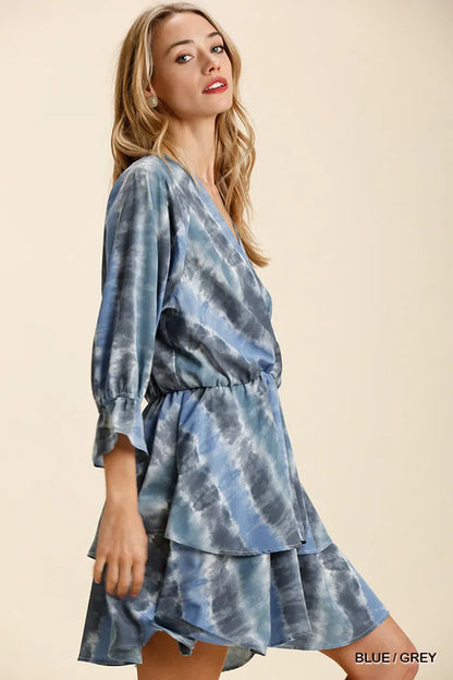 Tie Dye Ruffled Layered Dress with Elastic Waistband - Blue / Grey - product view 2