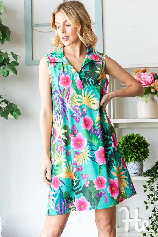 Full Size Floral Johnny Collar Sleeveless Dress Plus Size in Green - product view 10