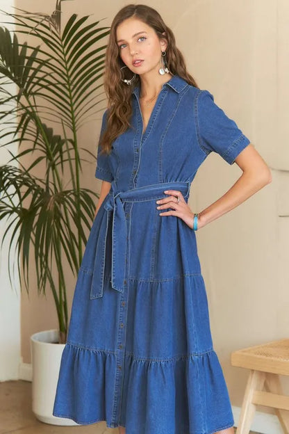 Tiered Button Down Tie Waist Short Sleeve Denim Dress in Dark - product view 1