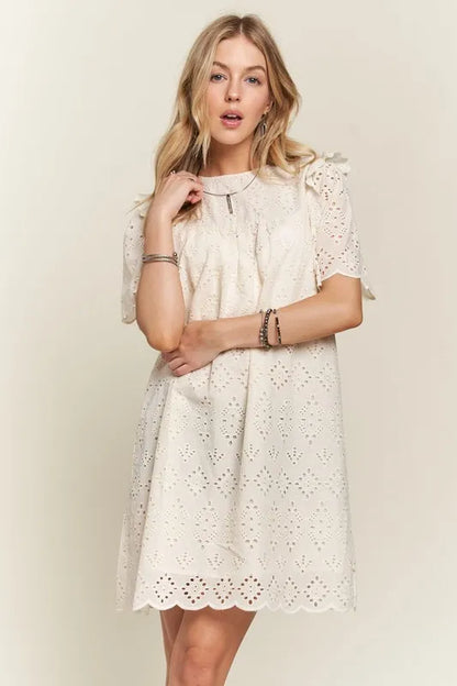 Ruffled Eyelet Round Neck Dress in Natural - product view 1