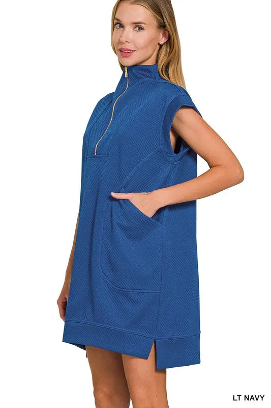 Textured Knit Jacquard Quarter Zipper Mini Dress - Lt Navy - product view 3