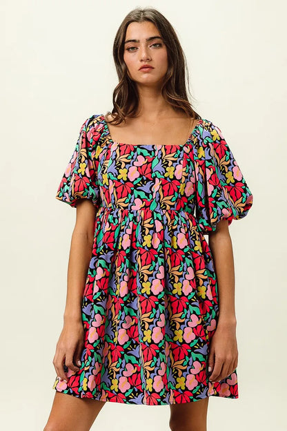Floral Print Puff Square Neck Dress in Black Multi - product view 10