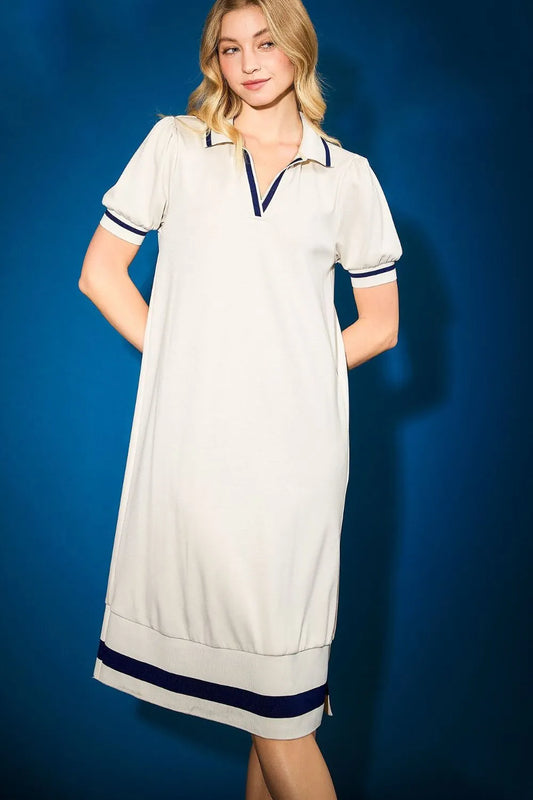 Side Slit Contrast Trim Short Sleeve Dress in Cream - product view 1