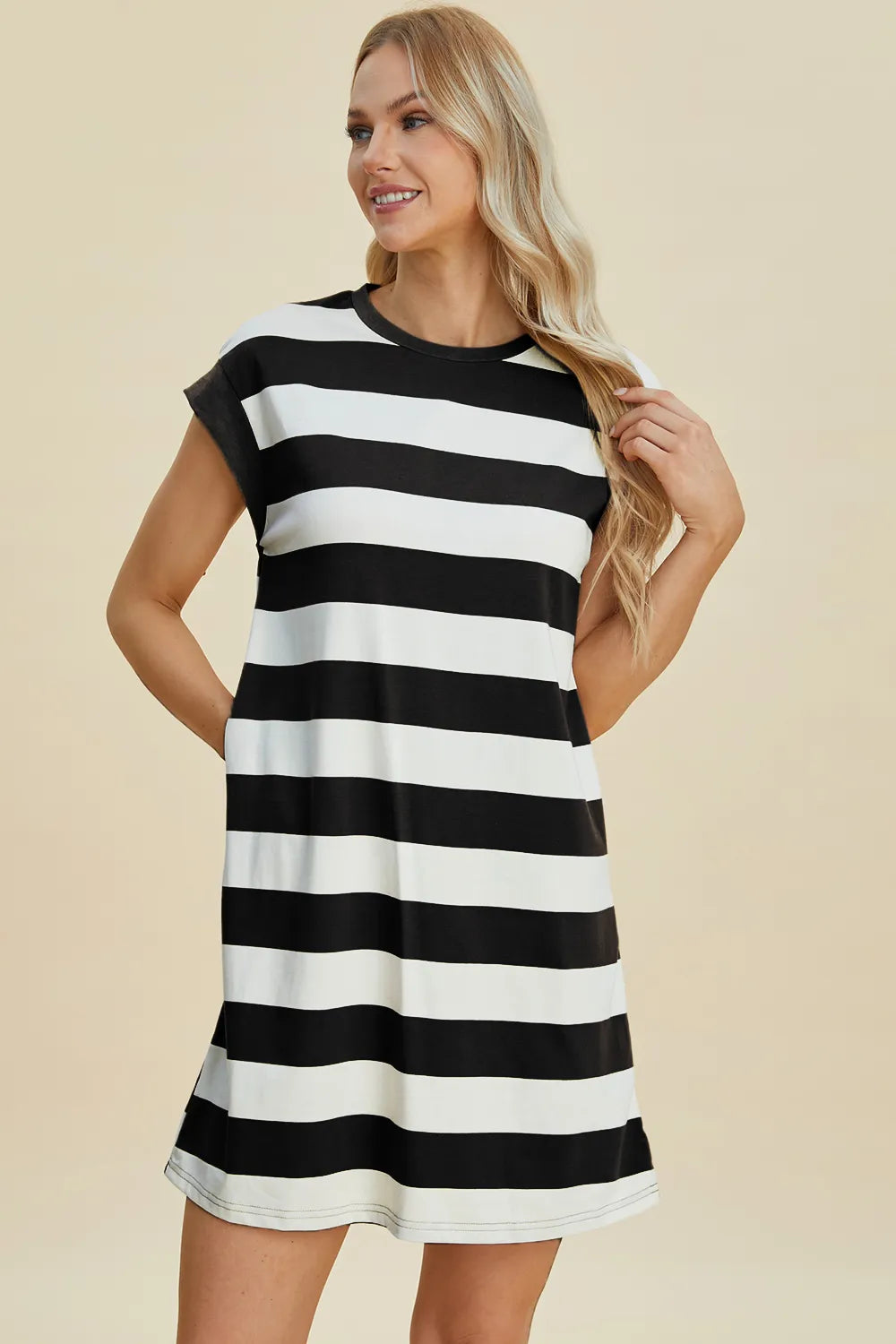 Full Size Striped Round Neck Cap Sleeve Mini Dress in Black, Camel and Dusty Blue - product view 3