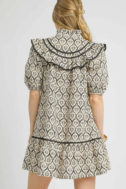 Ruffled Printed Puff Sleeve Mini Dress - Black - product view 3