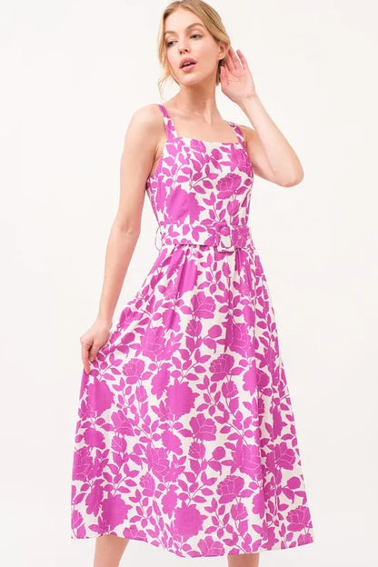 Square Neck Belted Floral Printed Midi Dress in Magenta - product view 4