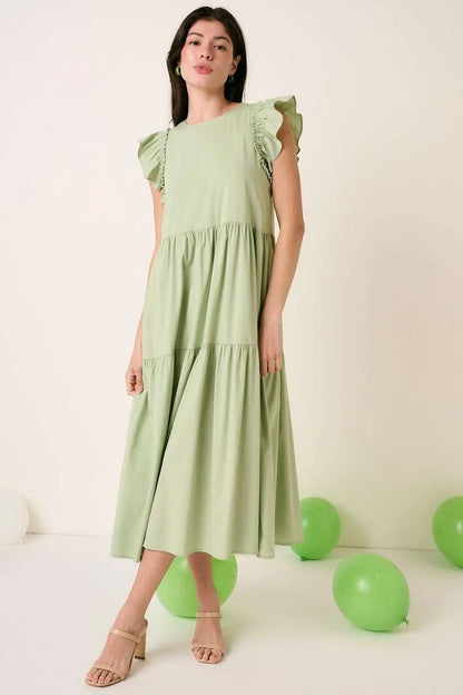 Ruffle Short Sleeve Tiered Maxi Dress in Sage - product view 3