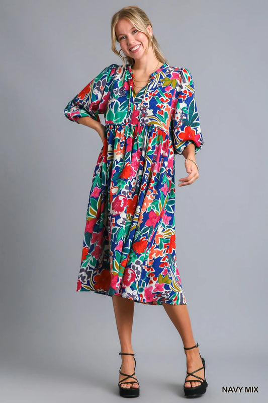 Floral Print Tie Neck Midi Dress with Pockets in Navy Mix - product view 1