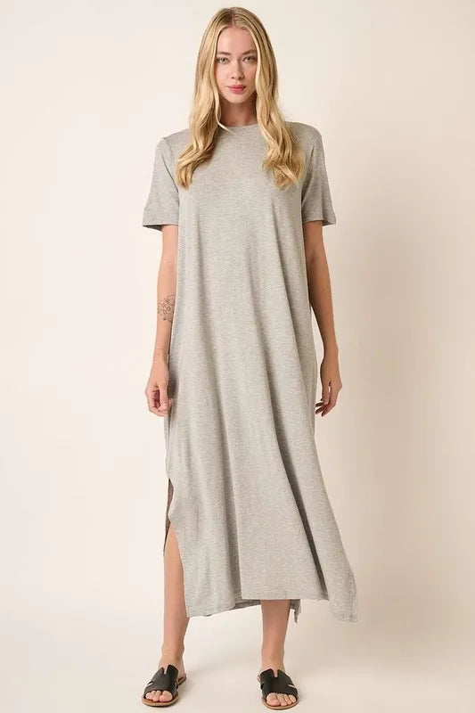 Side Slit Round Neck Short Sleeve Dress in Heather Grey - product view 4
