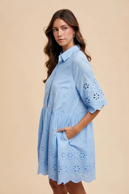 Embroidered Scallop Edge Detail Mini Shirt Dress - Sky - product view 3