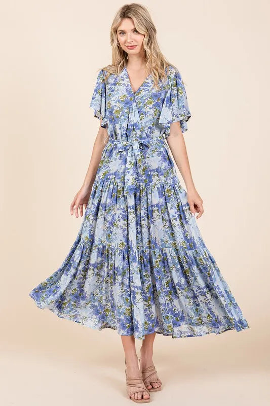 Floral Tie Waist Flutter Sleeve Tiered Dress in Dusty Blue - product view 1