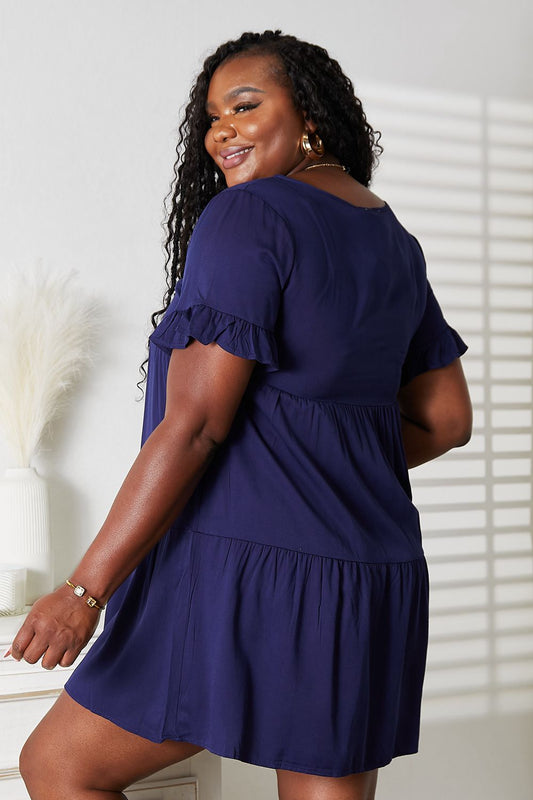 V-Neck Flounce Sleeve Tiered Dress in Dark Blue and Black - product view 2