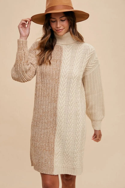 Color Block Turtleneck Sweater Dress in Taupe - product view 4