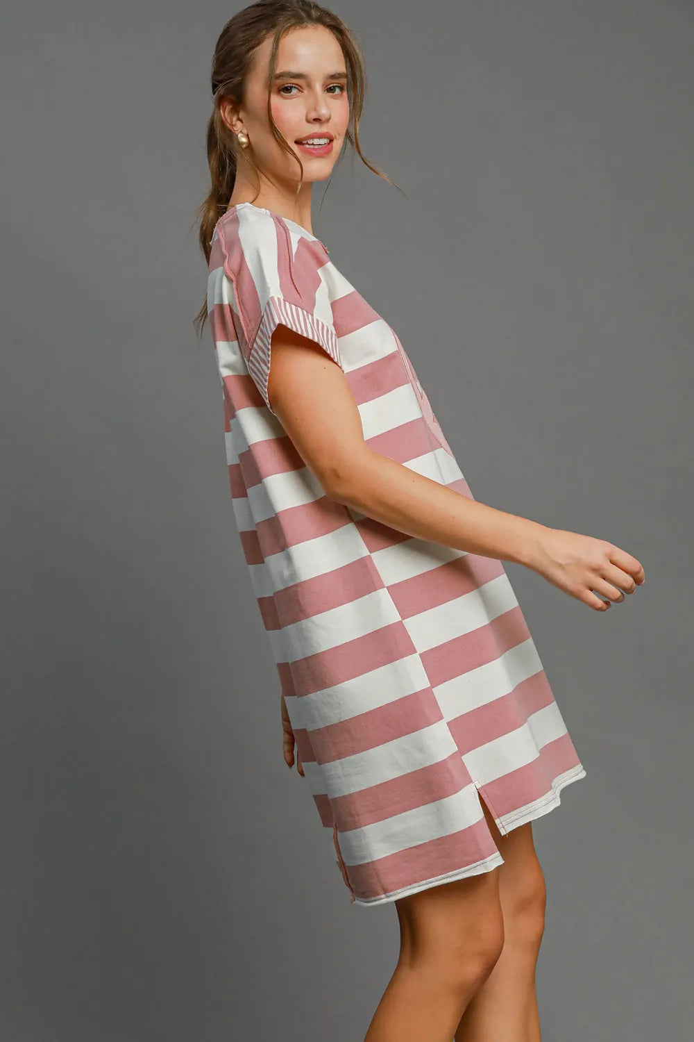 Peace Applique Striped Short Sleeve Mini Dress - Dusty Pink - product view 3
