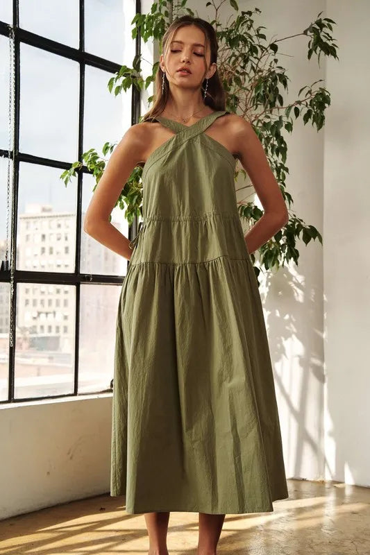 Crisscross Wide Strap Drawstring Detail Midi Dress in Moss - product view 4