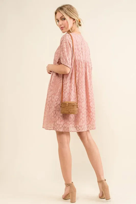 Woven Leopard Baby Doll Roll-Sleeve Casual Dress - Mauve - product view 3