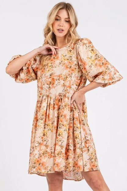 Flower Print Linen Blend Babydoll Mini Dress in Tangerine - product view 1