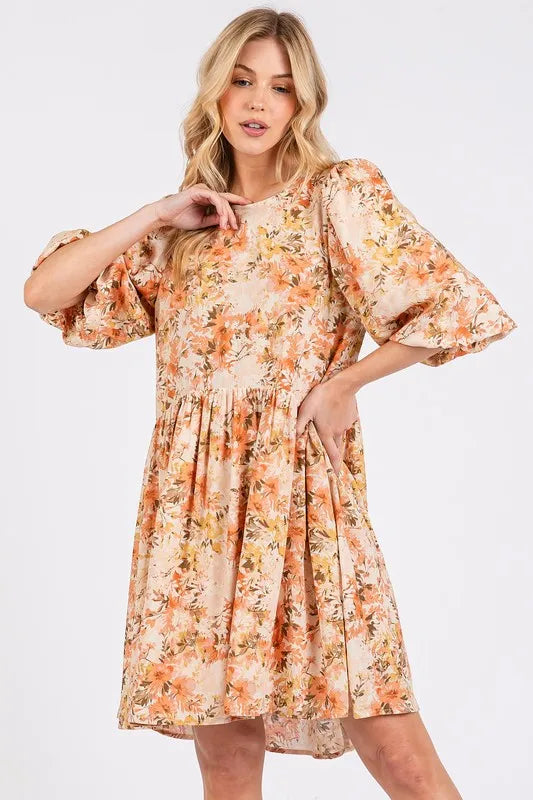 Flower Print Linen Blend Babydoll Mini Dress in Tangerine - product view 1