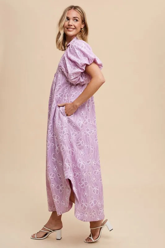 Floral Smock Detail Puff Sleeve Dress in Pink Purple - product view 2