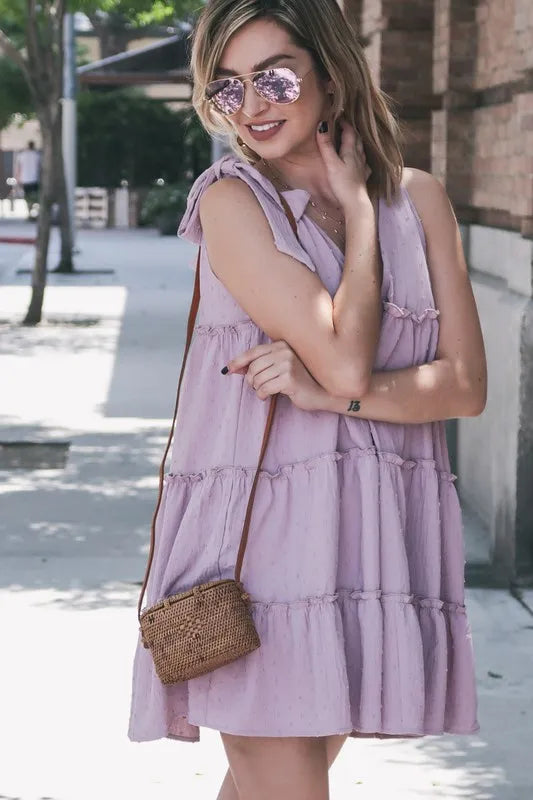 Polka Dot Textured Layered Flounce Ruffle Dress in Lavender - product view 5