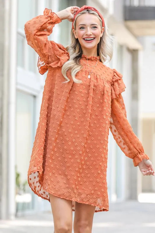 Lovely Ruffle Shoulder with Textured Woven Dress in Camel - product view 5
