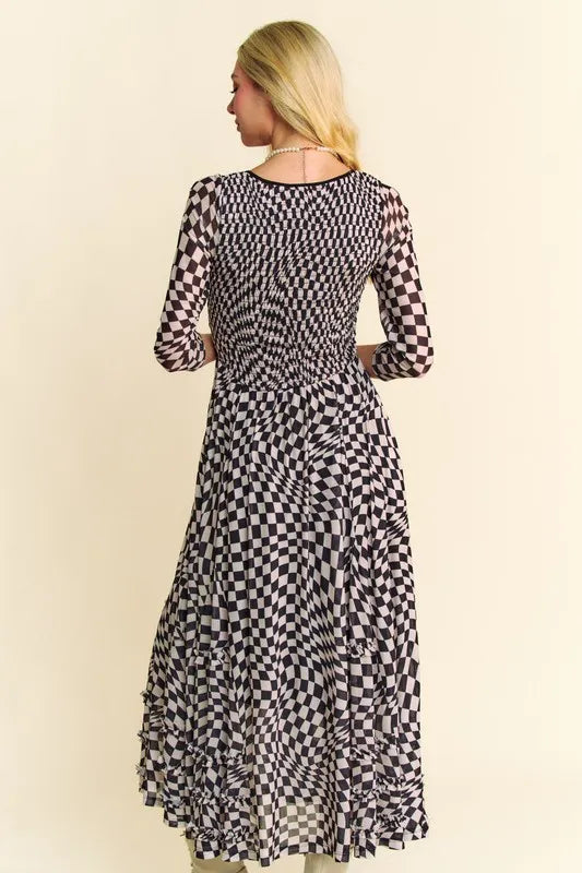 Printed Checker Mesh Flowy Maxi Dress in Black - product view 11