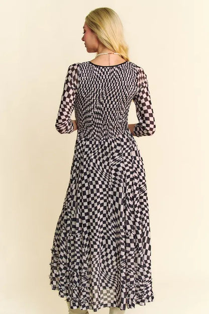 Printed Checker Mesh Flowy Maxi Dress in Black - product view 11