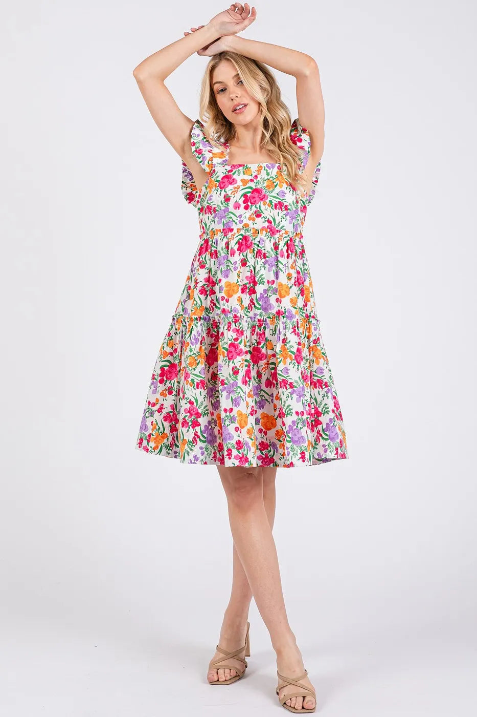 Flower Print Ruffle Shoulder A-line Mini Dress in Ivory Multi - product view 5