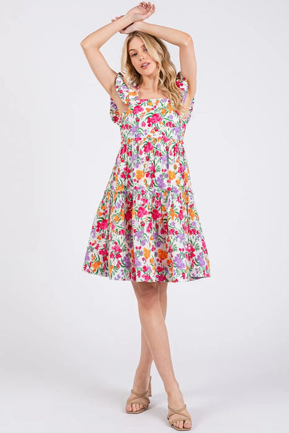 Flower Print Ruffle Shoulder A-line Mini Dress in Ivory Multi - product view 5