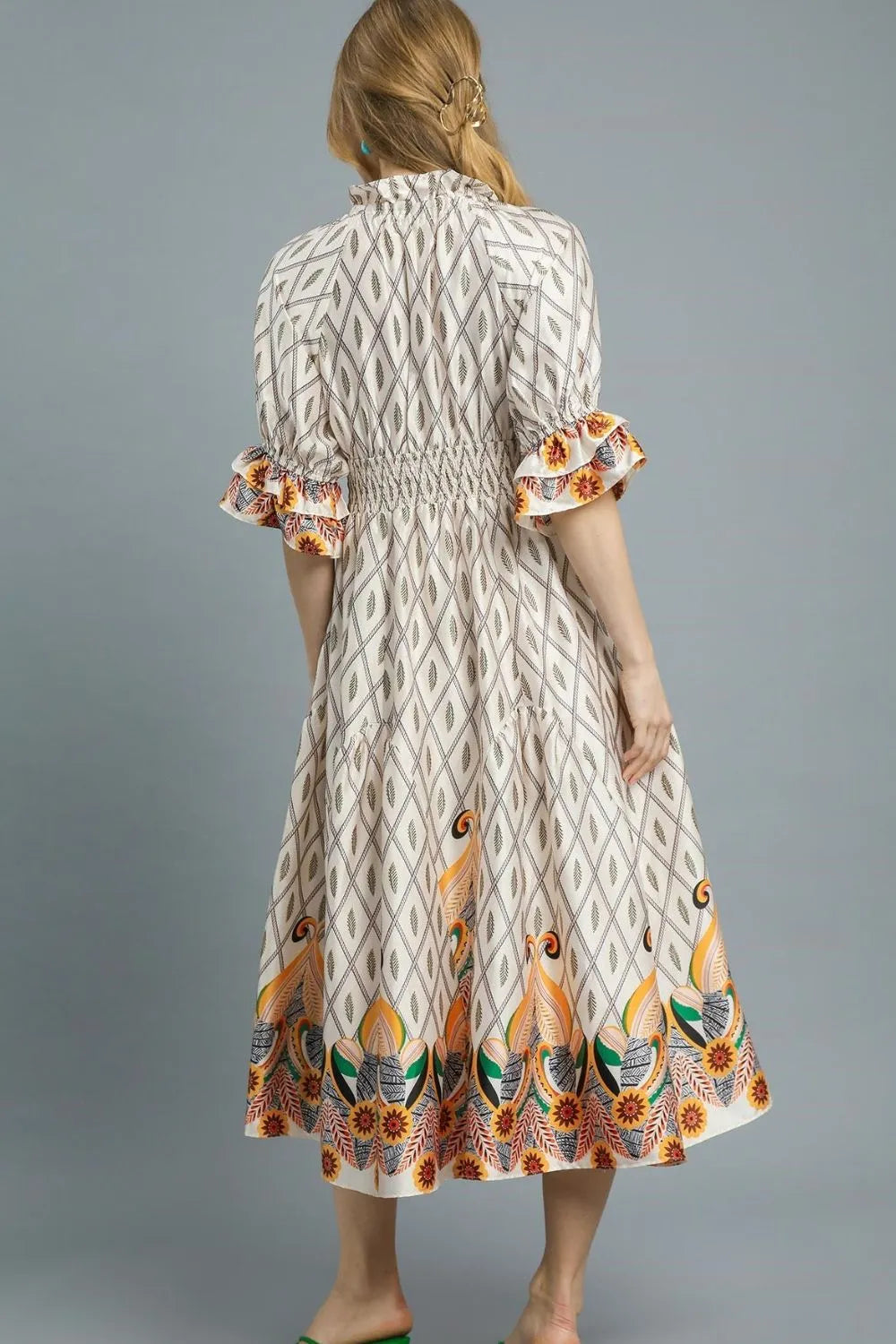 Printed Smocked Waist Flounce Sleeve Midi Dress - Ivory - product view 4