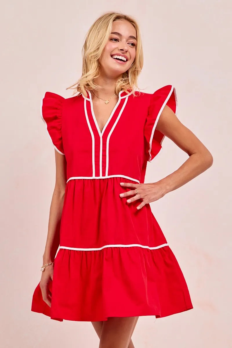 Gameday Theme Contrast Binding Ruffled Dress - Red - product view 10