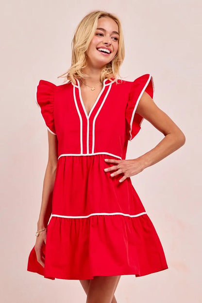 Gameday Theme Contrast Binding Ruffled Dress - Red - product view 10