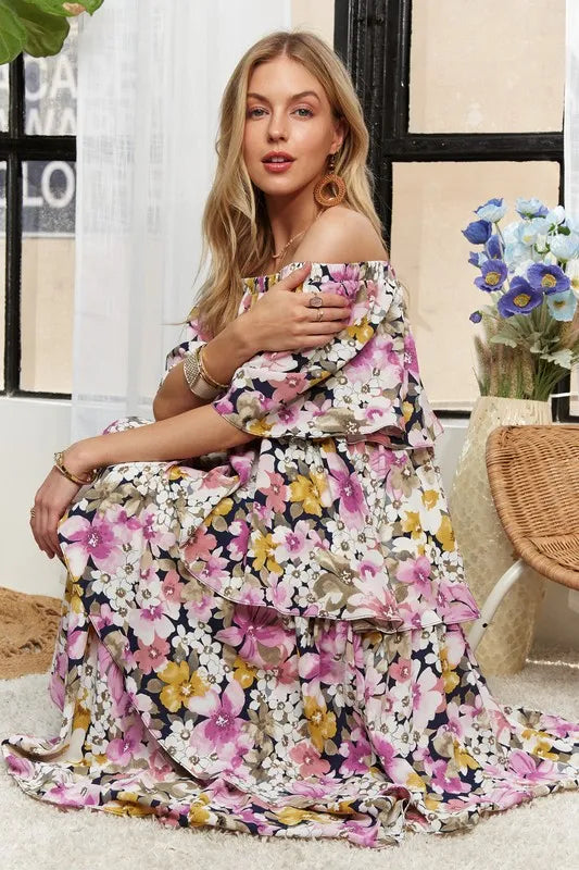 Layered Floral Off-Shoulder Short Sleeve Maxi Dress - Mauve - product view 3
