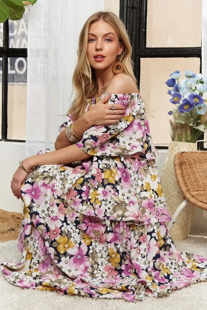 Layered Floral Off-Shoulder Short Sleeve Maxi Dress - Mauve - product view 3