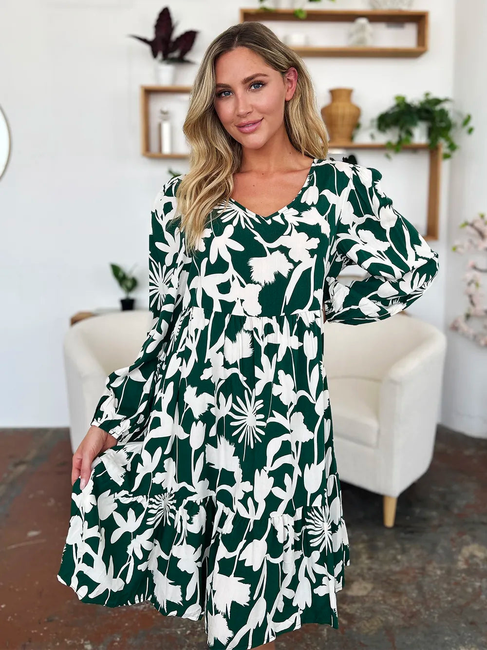 Full Size Printed Ruffle Hem Dress with Pocket in Dark Green, Lavender and more - product view 10