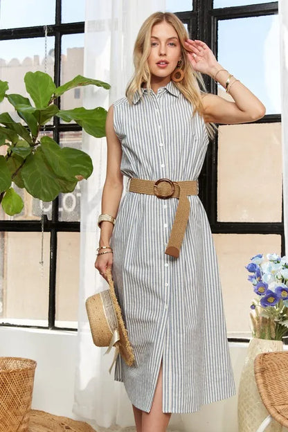 Striped Button Down Sleeveless Midi Dress - Air Force Blue - product view 2