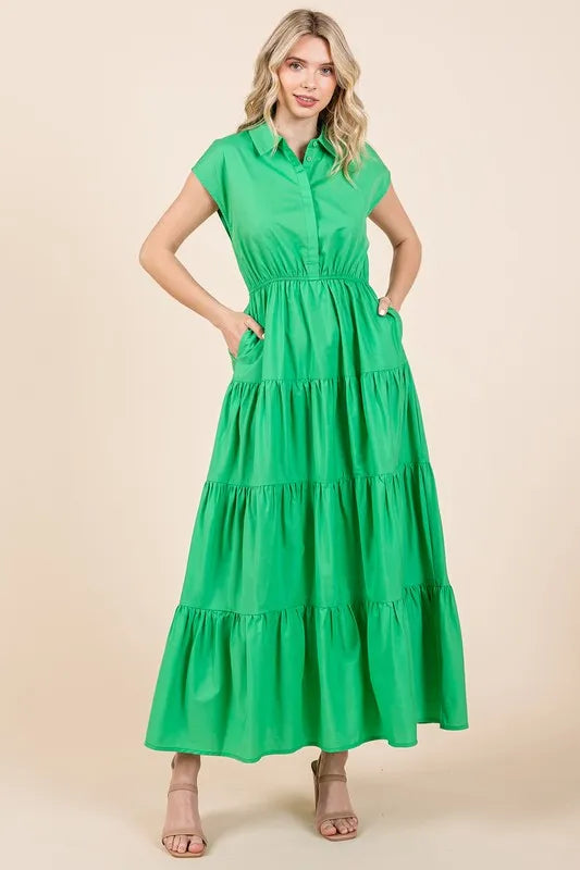 Button Up Collared Tiered Maxi Shirt Dress in Apple Green - product view 4