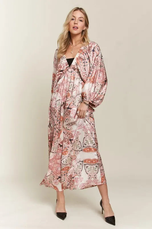 Printed V-Neck Batwing Sleeve Dress - Pale Blush - product view 3